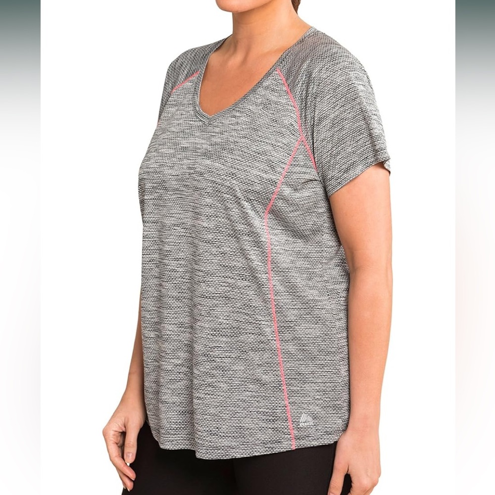 RBX Active Women’s Plus Raglan V-Neck Top, Heather Black/Grey + Pink Stitch NWT
